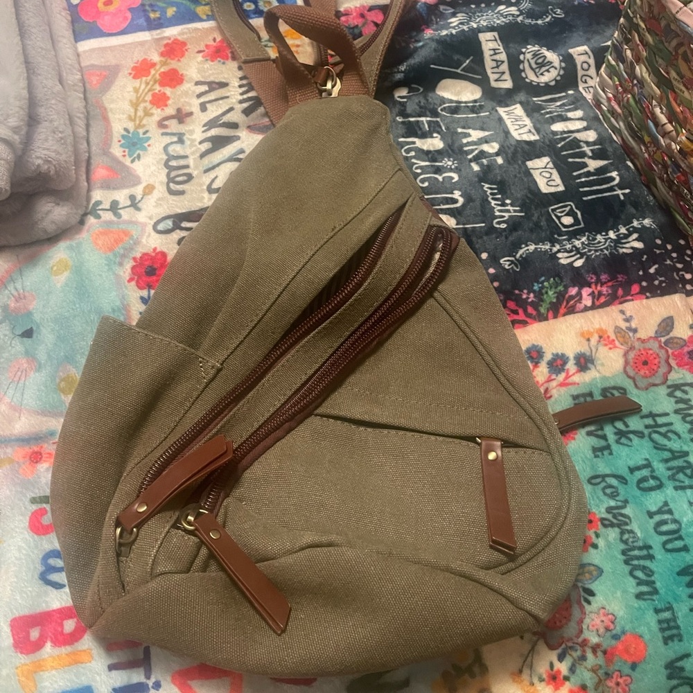 ANTIK KRAFT Olive Green Canvas Sling Bag Backpack Casual Bag-PREOWNED